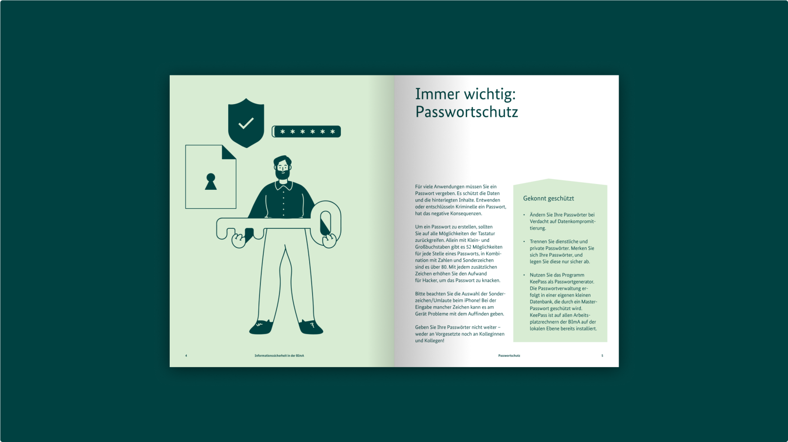 Doppelseite einer Broschüre mit Illustration auf hellgrünem und Text und Fotos auf weißem Hintergrund.