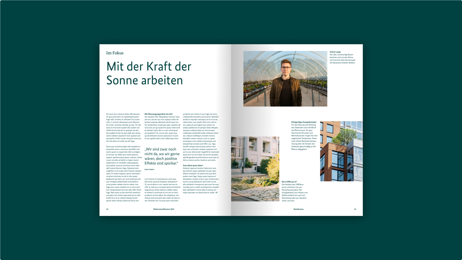 Doppelseite eines Magazins mit Text und Fotos auf weißem Hintergrund.