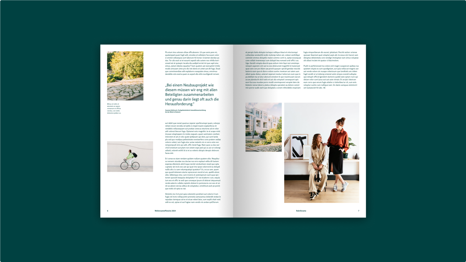 Doppelseite eines Magazins mit Text und Fotos auf weißem Hintergrund.