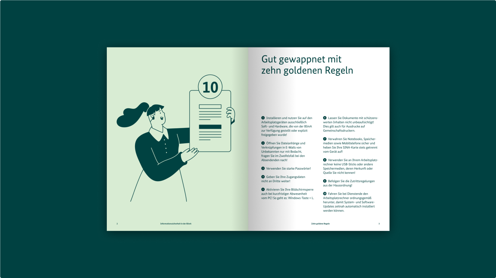 Doppelseite einer Broschüre mit Illustration auf hellgrünem und Text und Fotos auf weißem Hintergrund.