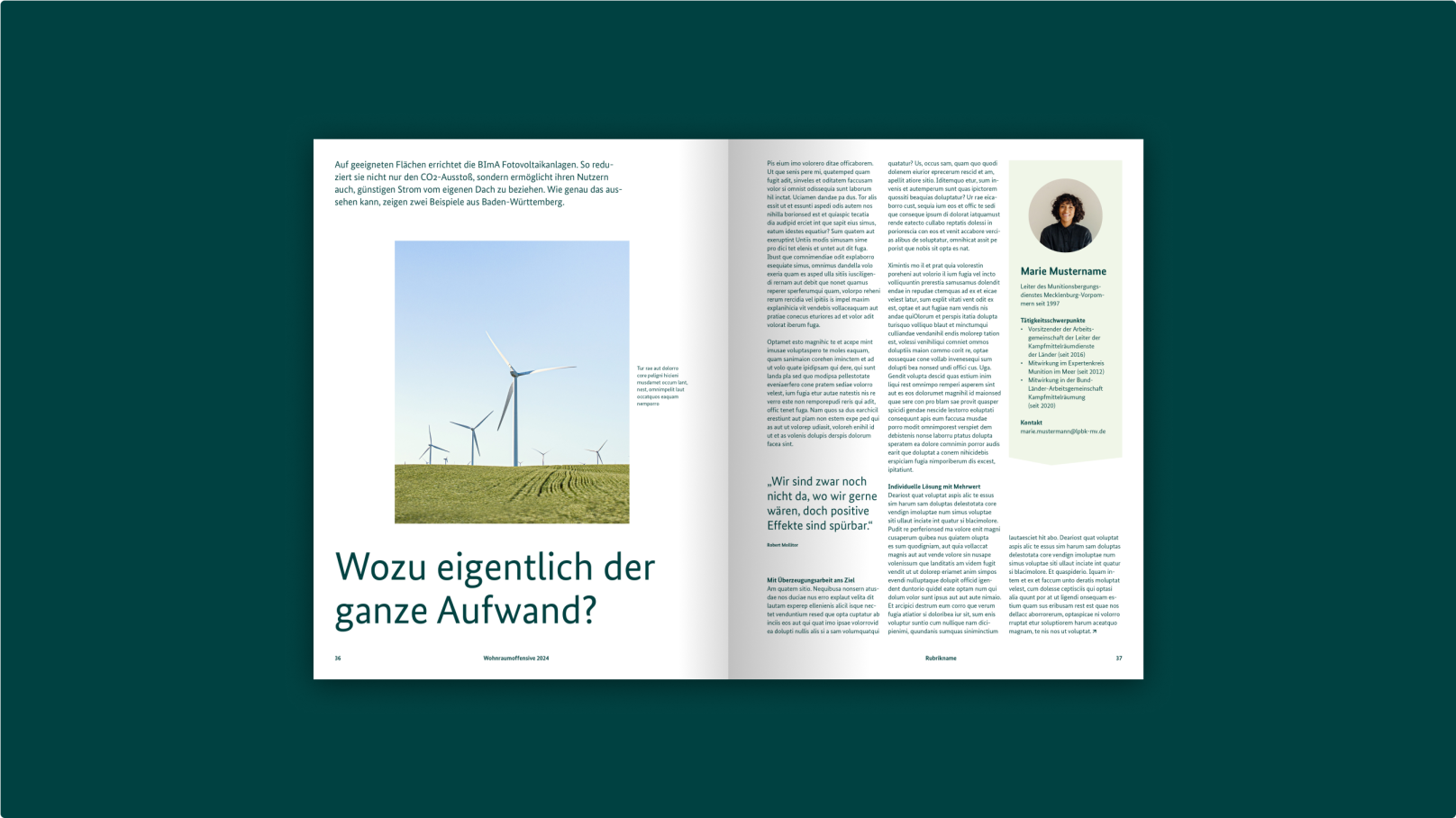 Doppelseite eines Magazins mit Text und Fotos auf weißem Hintergrund.