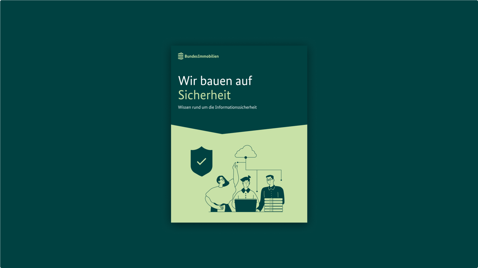 Broschüren-Titel mit Logo, Headline und Text auf dunkelgrüner Winkelfläche und Illustration auf hellgrünem Hintergrund.