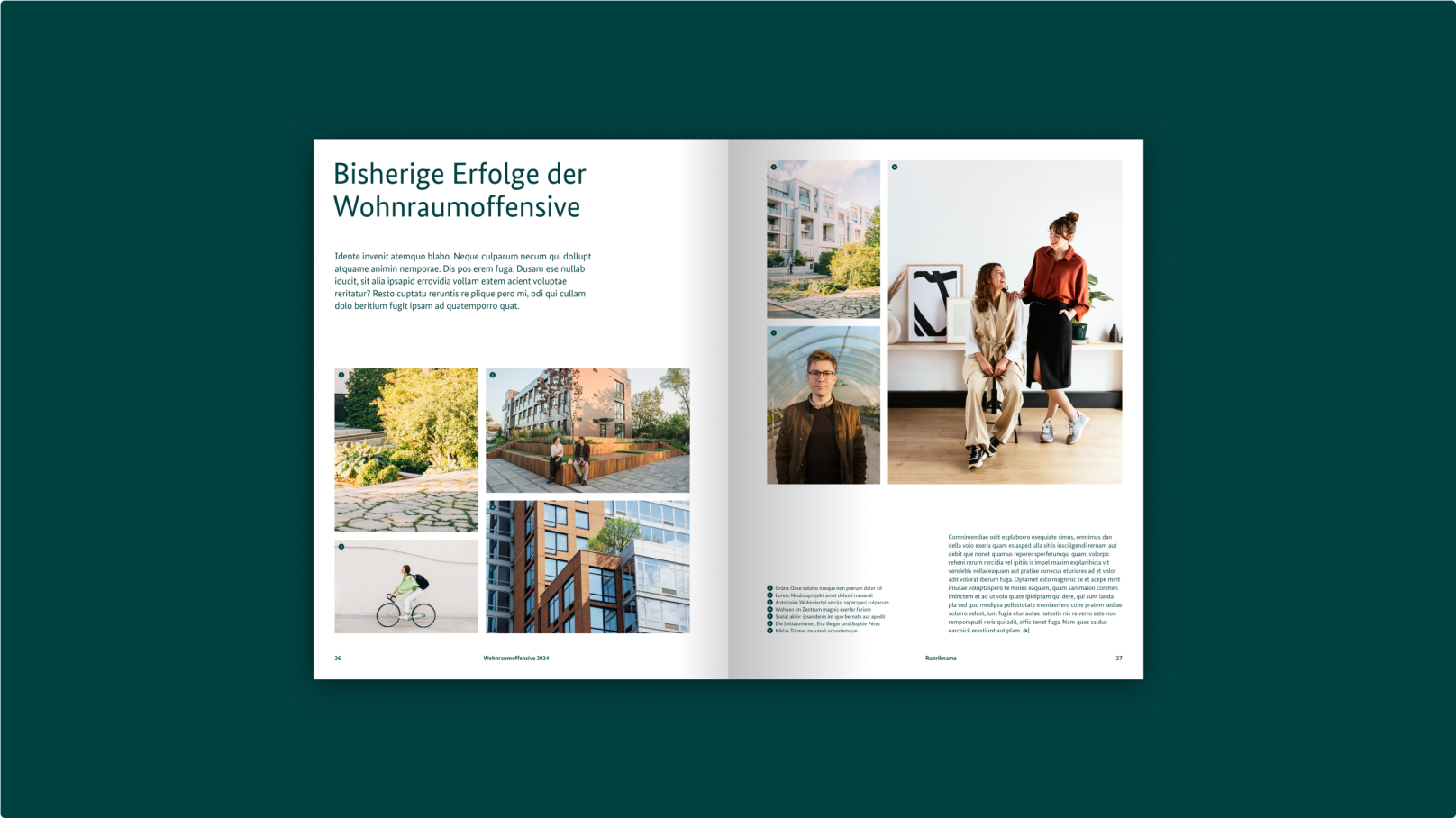 Doppelseite eines Magazins mit Text und Fotos auf weißem Hintergrund.