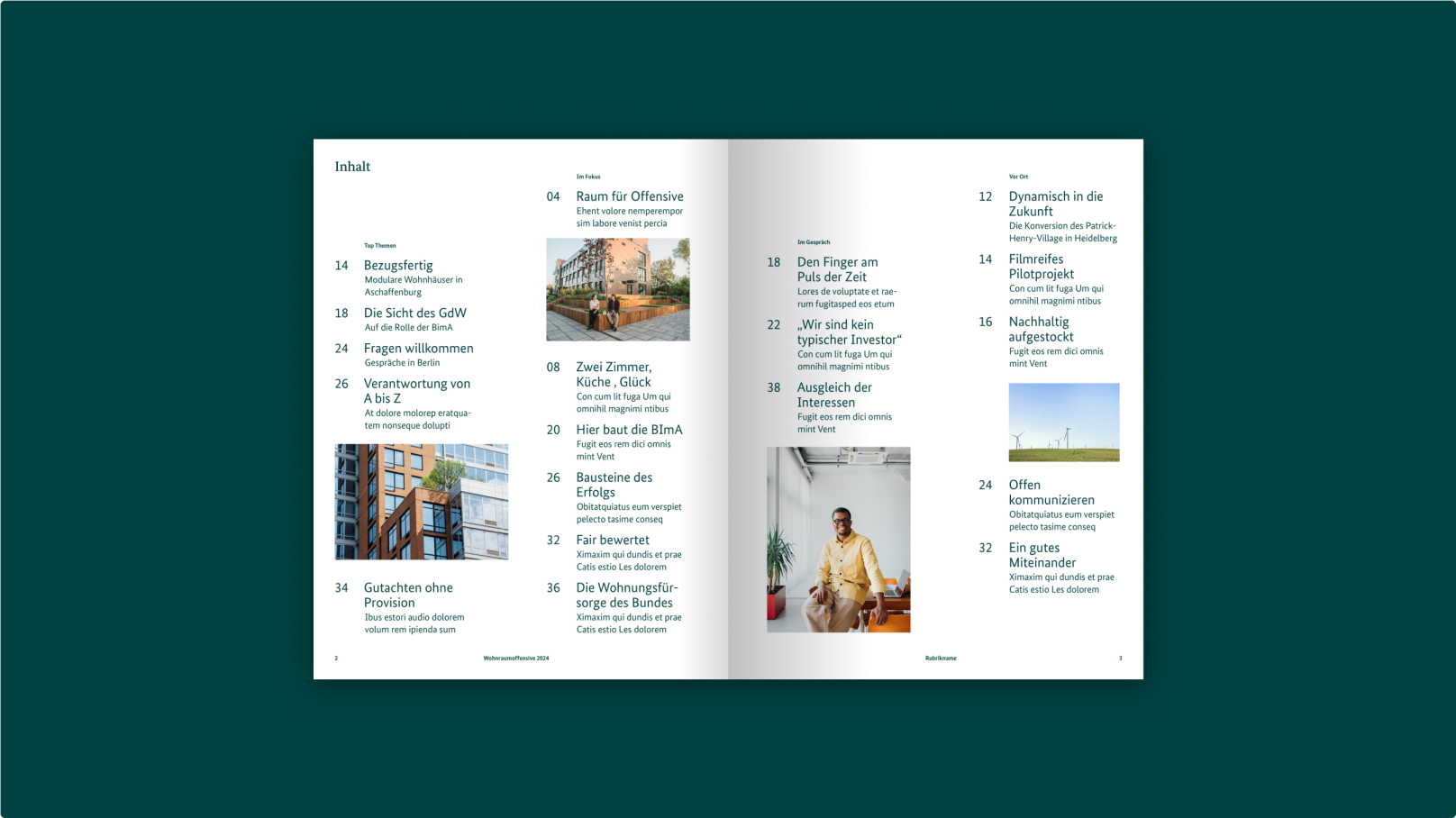 Doppelseite eines Inhaltsverzeichnisses mit Text und Bildern.