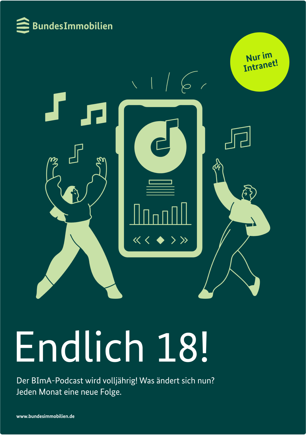 Plakat mit einer Aufschrift und einer Illustration von zwei Personen um ein Smartphone herum auf dunkelgrünem Hintergrund und einem hellgrünenStörer.