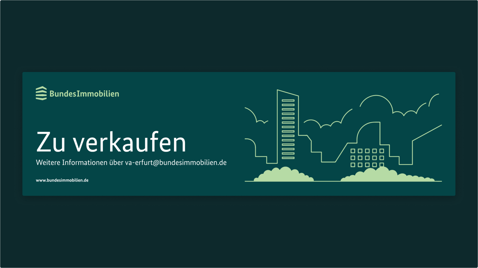 Banner mit Logo, Titel und Illustration mit modernen Gebäuden auf dunkelgrüner Fläche.