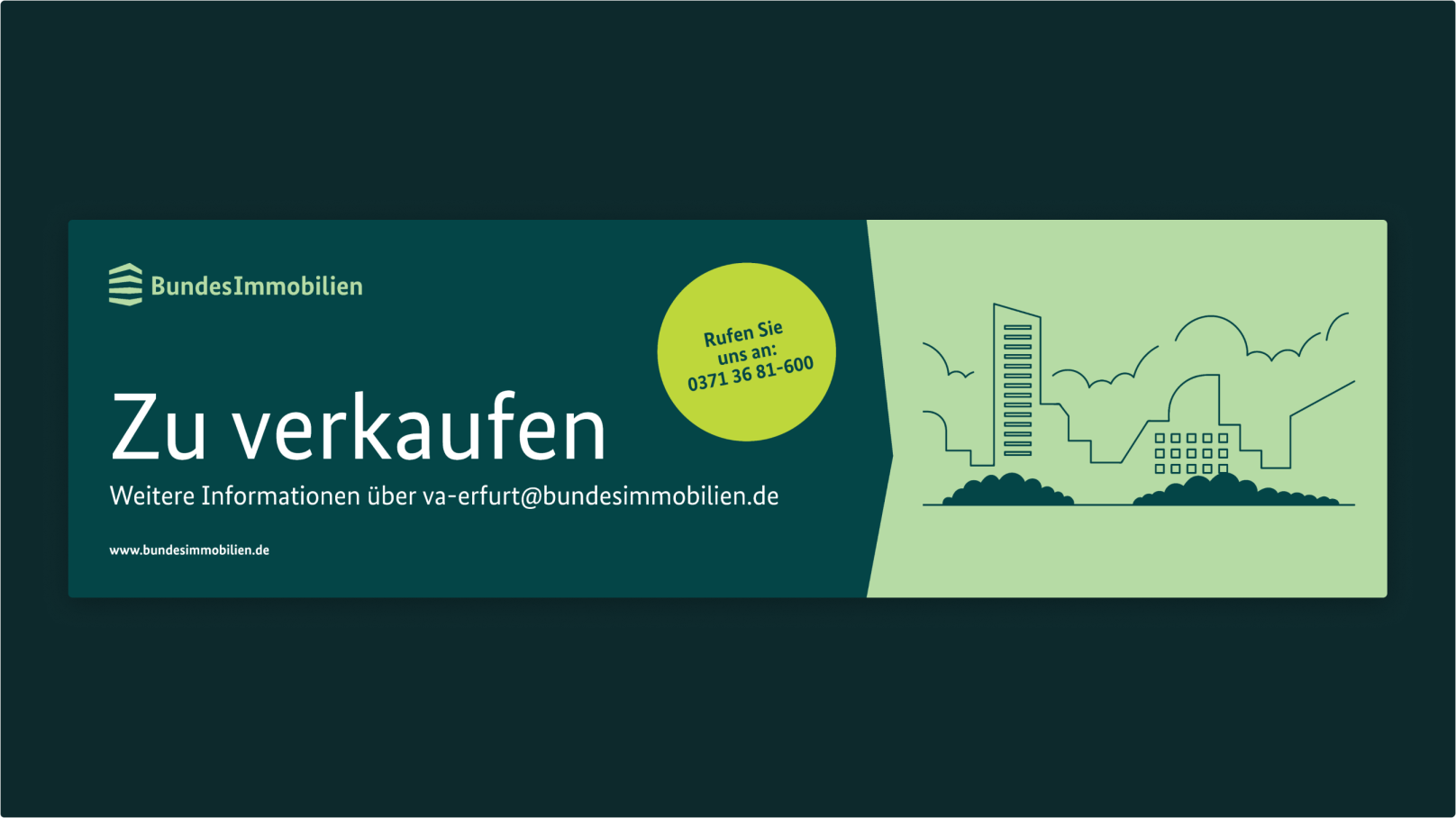 Banner mit Logo und Titel auf dunkelgrüner Winkelfläche zeigt ein Illustration mit modernen Gebäuden und einen Störer.