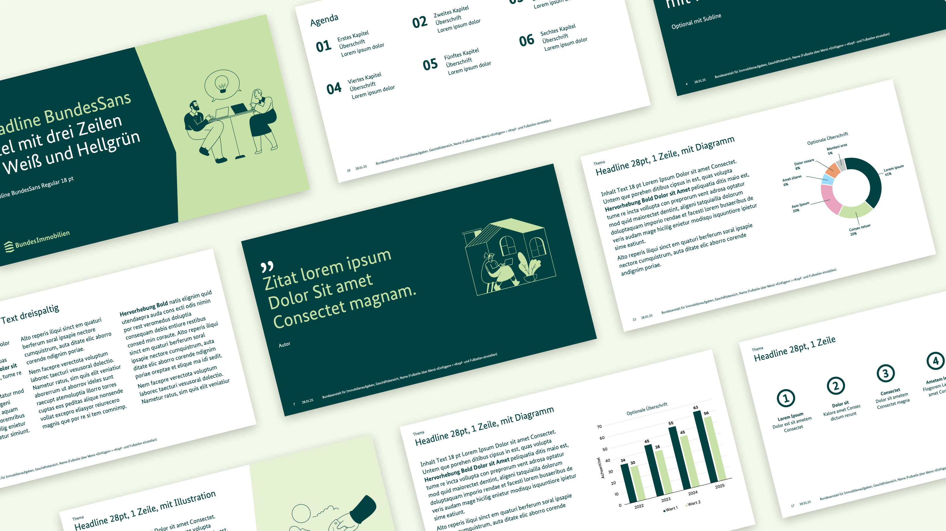 Eine Sammlung von Präsentationsfolien mit Diagrammen, Texten und Illustrationen in verschiedenen Layouts und Farben.