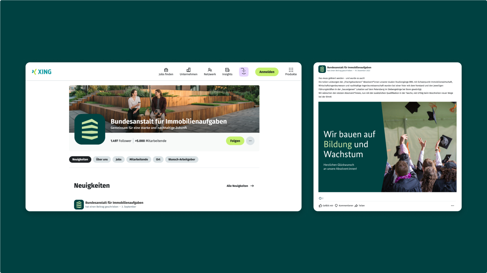Zwei Bildschirmansichten eines Xing-Auftritts mit Header-Bild und Profilbild.