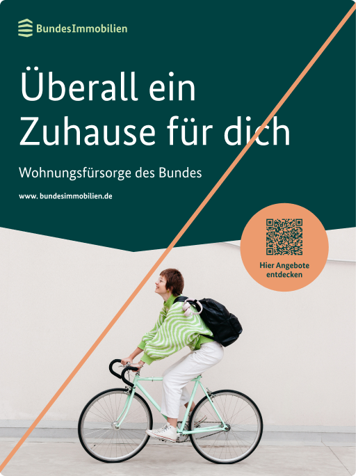 Plakat mit dunkelgrüner Fläche und Headline, orange farbenem Störer und einem Bild mit einer Fahrrad fahrenden Person, durchgestrichen mit einer Linie.