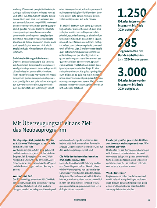 Zwei Magazinartikel mit Statistiken und Informationen, hinterlegt mit einer pink farbenen Fläche, durchgestrichen mit einer Linie.