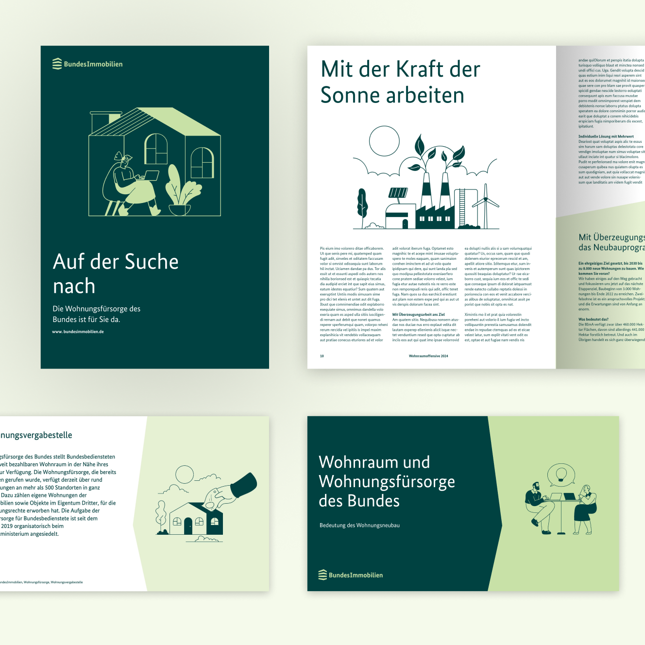 Eine Sammlung von Broschüren und Seiten mit Illustrationen und Text auf dunkelgrünem, weißem und hellgrünem Hintergrund.