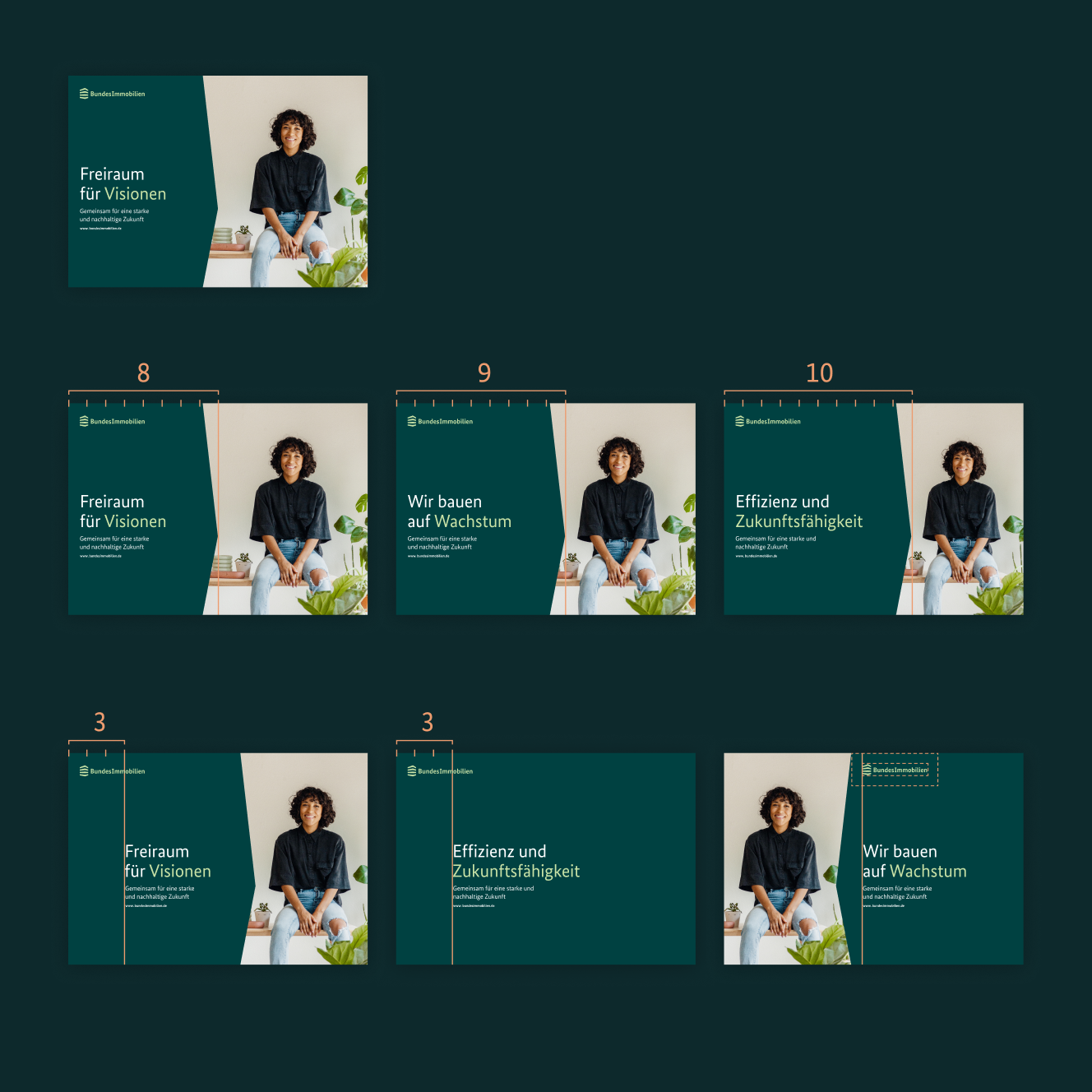 Eine Reihe von Layout-Entwürfen mit Titeln und Logo auf dunkelgrünem Hintergrund und mit Bildern einer Person.