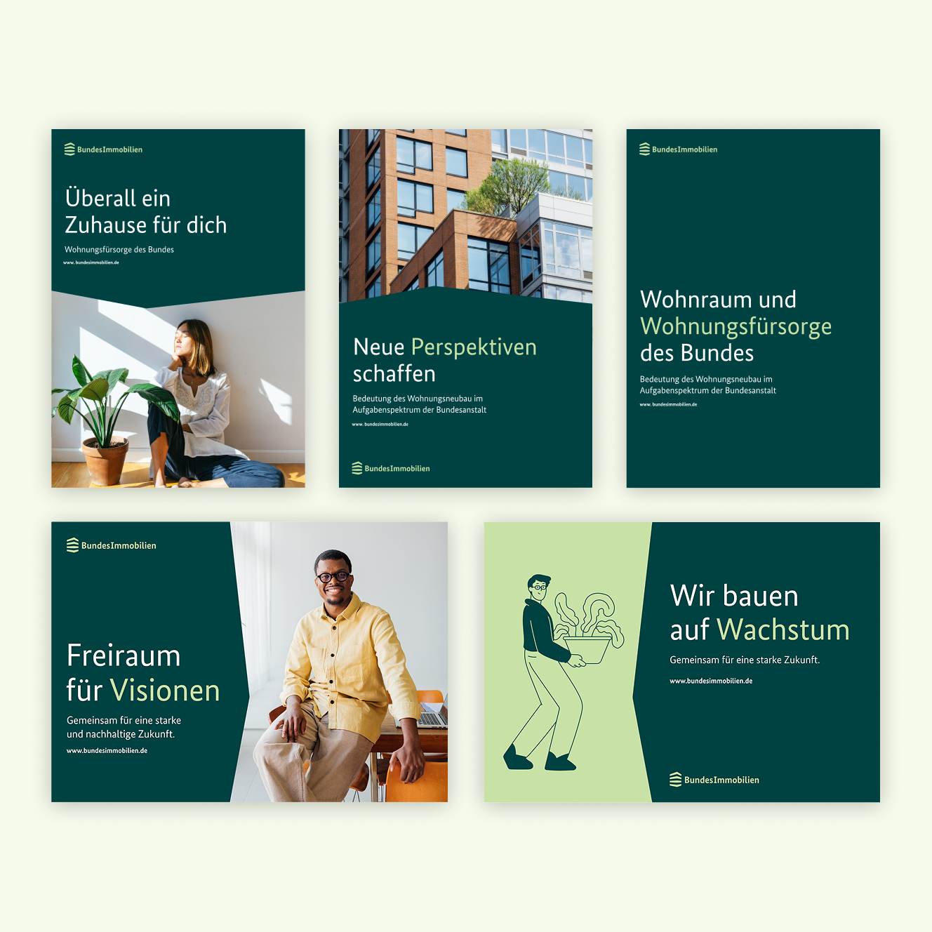 Mehrere Broschüren-Titel mit Headlines, Sublines und Logo, jeweils mit Bildern oder Illustrationen.