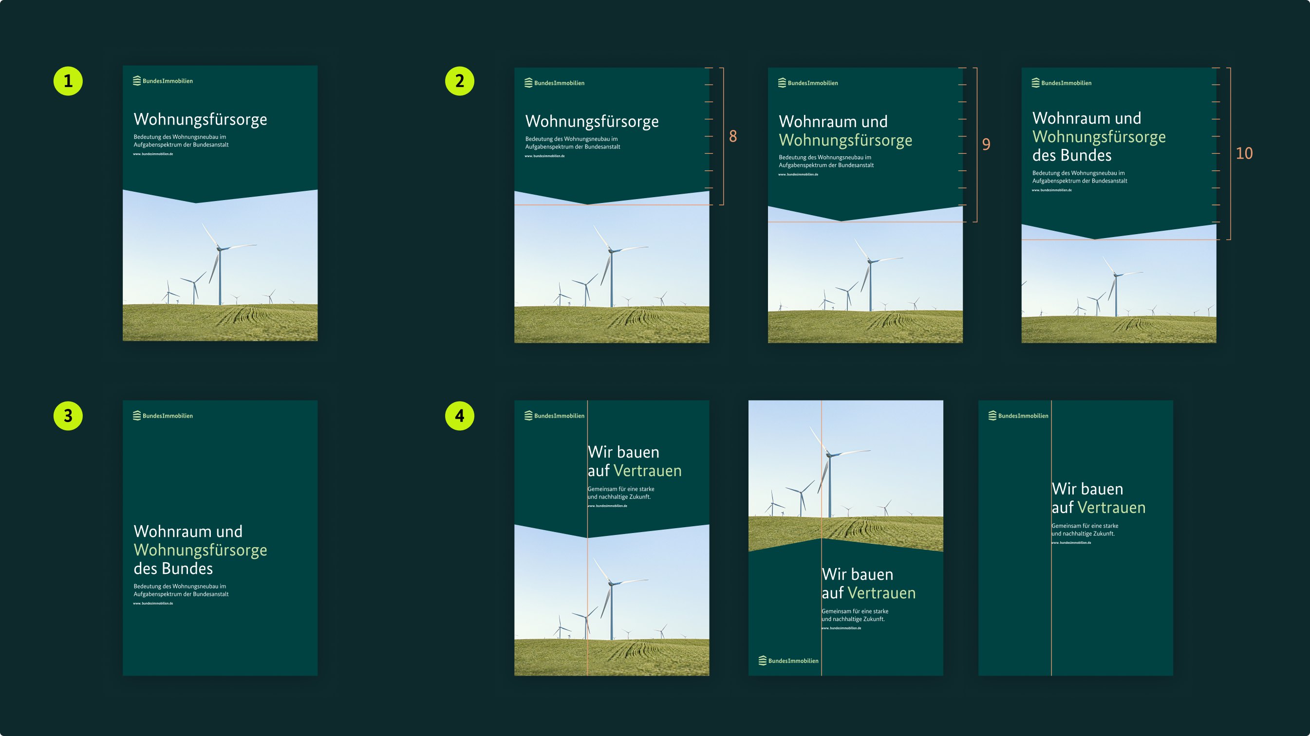 Eine Reihe von Entwürfen für Broschüren-Titel mit dunkelgrünen Fächen und Winkelflächen, mit Headline, Subline und Logo, illustriert mit Bildern von Windkraftanlagen und ohne Bild.