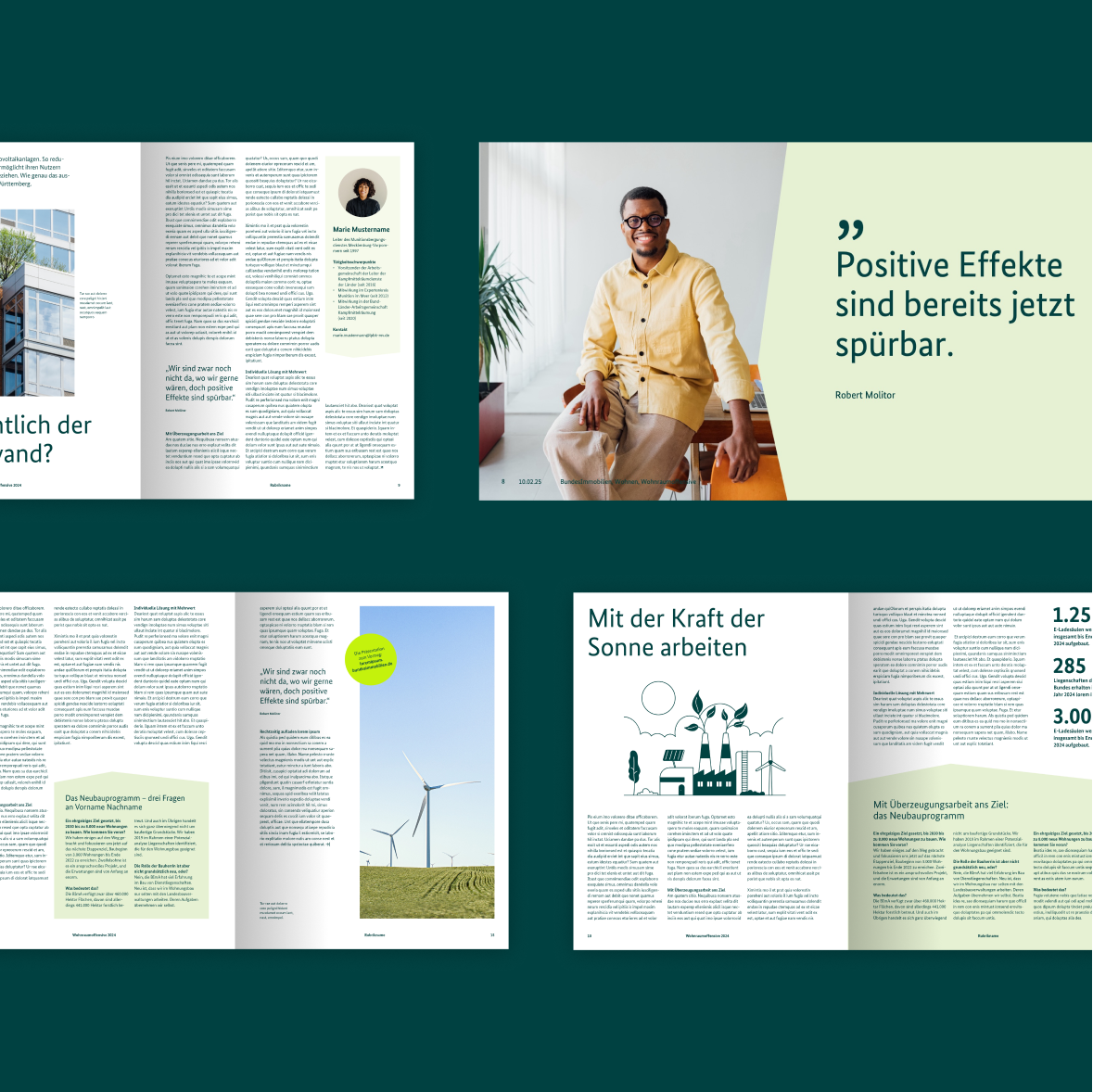 Mehrere Magazinseiten-Artikel mit hellgrünen Winkelflächen, Bildern von Windkraftanlagen, einem Mann im gelben Hemd, Zitaten, Illustrationen und Statistiken.