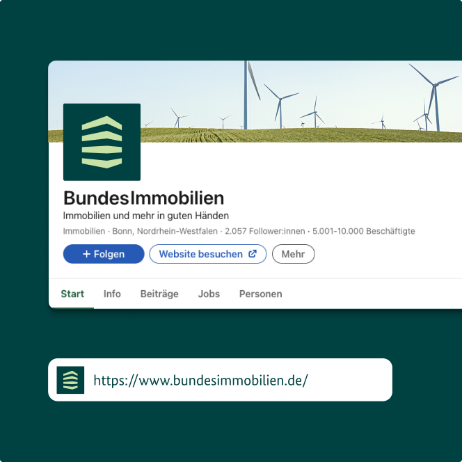 Profil der "BundesImmobilien" auf einer sozialen Plattform mit Logo und einem Hintergrundbild von Windrädern. Darunter befindet sich das Favicon mit URL.