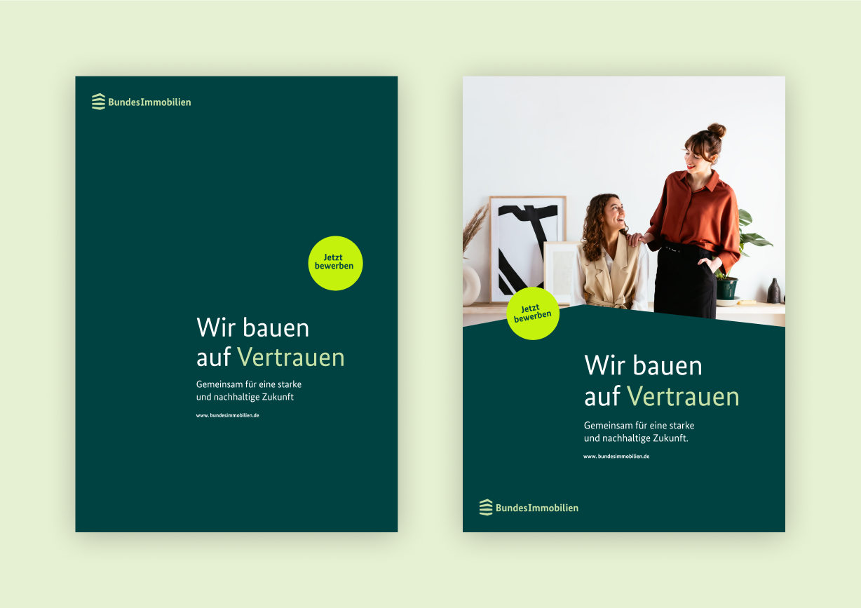 Zwei Layouts mit Headline und Störer "Jetzt besuchen". Eines zeigt nur Headline und Text, das andere zusätzlich ein Bild mit zwei Frauen in einem Raum.