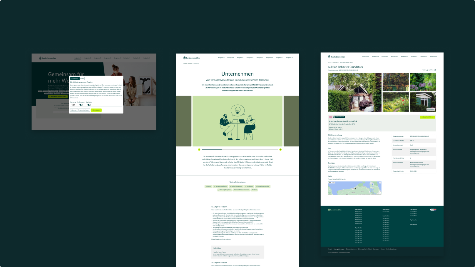Drei Screenshots von Webseiten, die Informationen mit Bildern, Texten, Illustrationen und Text zeigen.
