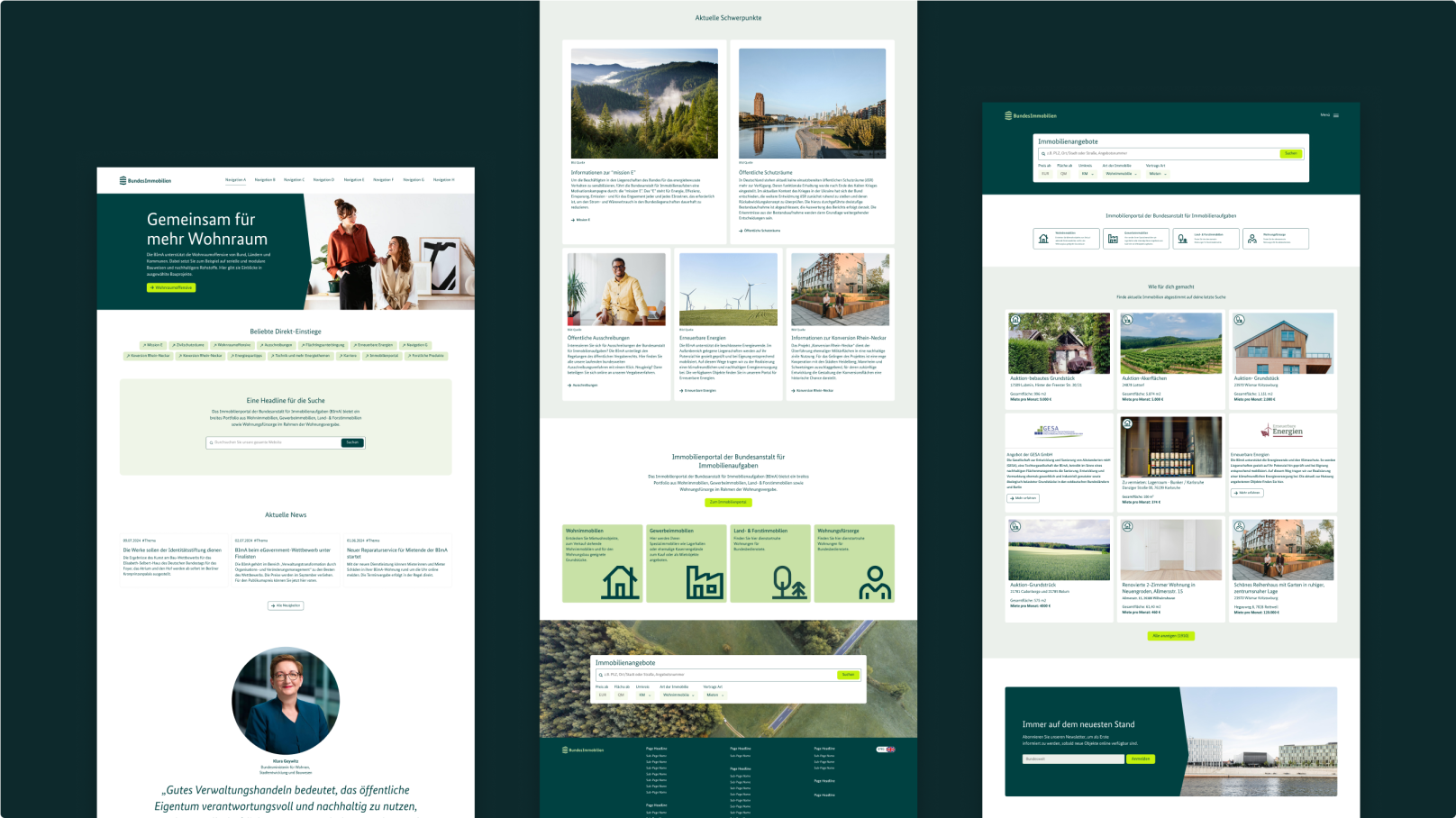Drei Screenshots von Webseiten, die Informationen mit Bildern, Texten, Icons und Text zeigen.