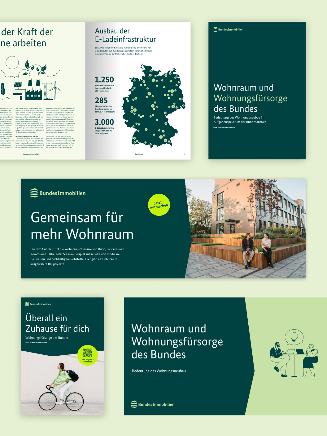 Eine Sammlung von Broschüren und Plakaten zu Themen wie Wohnen, Wohnraum und Infrastruktur auf einem hellgrünen Hintergrund.
